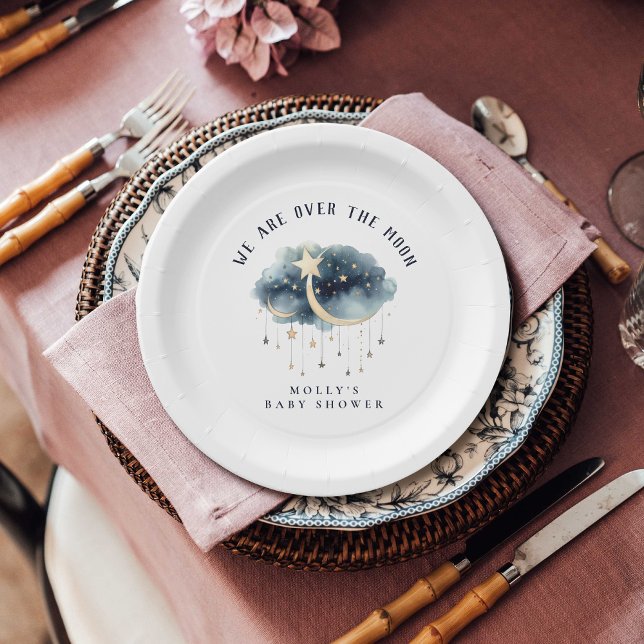 Over the Moon Gold Stars Baby Shower  Paper Plate (Over the Moon Baby Shower Paper Plate )