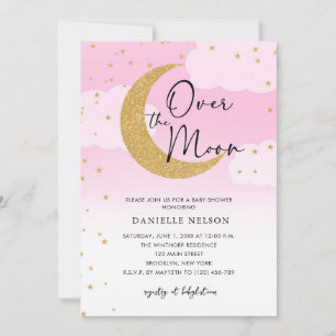 Over the Moon Gold Stars Baby Shower Pink Invitation