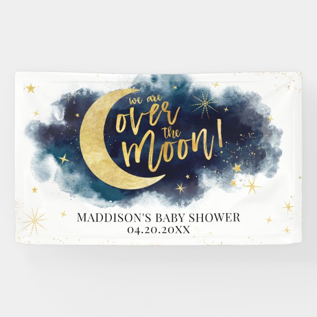 Over the Moon Gold Stars Blue Baby Shower Banner (Horizontal)
