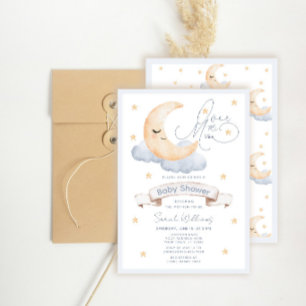 Over the Moon Gold Stars Blue Baby Shower Invitation