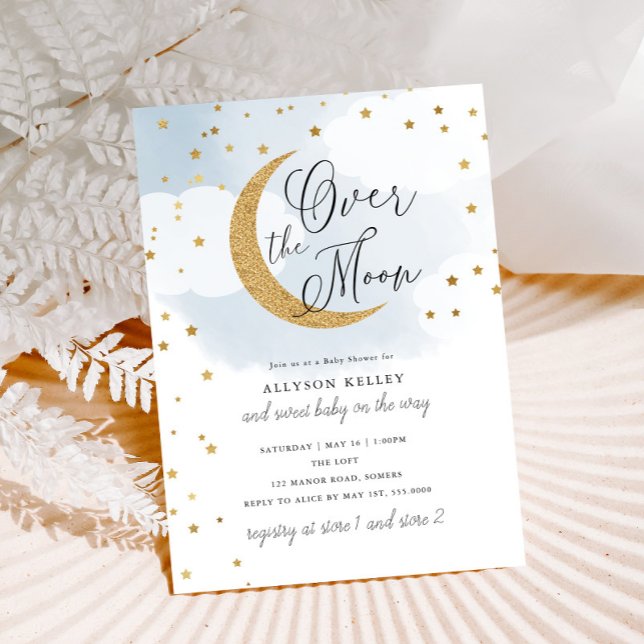 Over the Moon Gold Stars Blue Baby Shower Invitation (Creator Uploaded)
