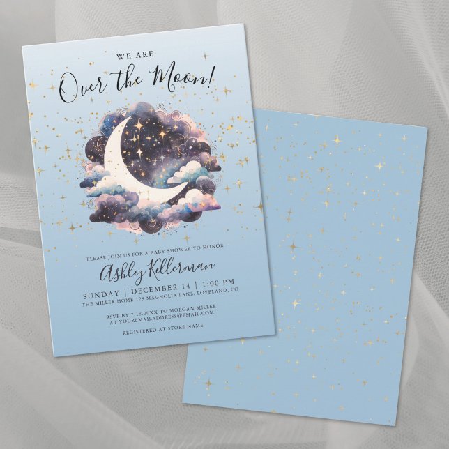 Over the Moon Gold Stars Blue Baby Shower Invitation (Over the Moon Gold Stars Blue Baby Shower Invitation )