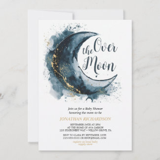 Over the Moon Gold Stars Blue Baby Shower Invitation