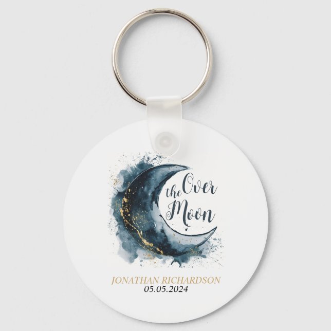 Over the Moon Gold Stars Blue Baby Shower Key Ring (Front)