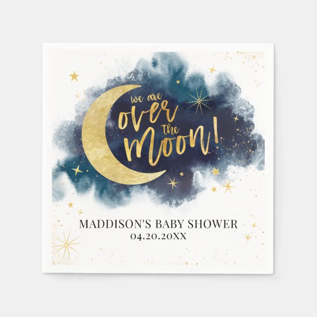 Over the Moon Gold Stars Blue Baby Shower Napkin (Front)