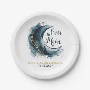Over the Moon Gold Stars Blue Baby Shower Paper Plate