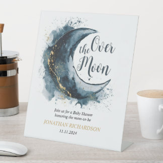 Over the Moon Gold Stars Blue Baby Shower Pedestal Sign