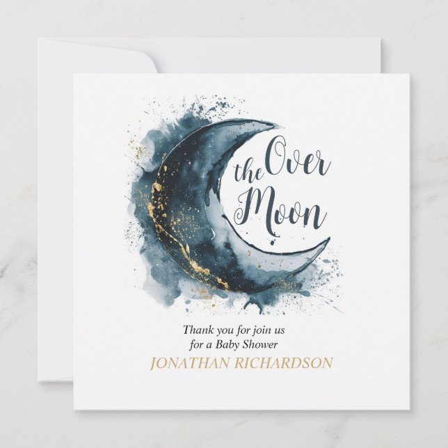 Over the Moon Gold Stars Blue Baby Shower Thank You Card (Front)