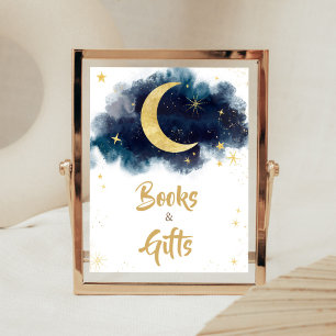 Over the Moon Gold Stars Blue Books and Gifts Poster