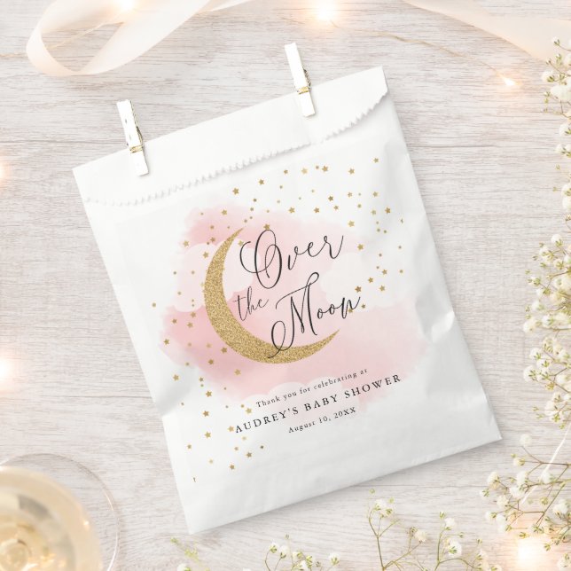 Over the Moon Gold Stars Pink Baby Shower Favour Bags (Clipped)