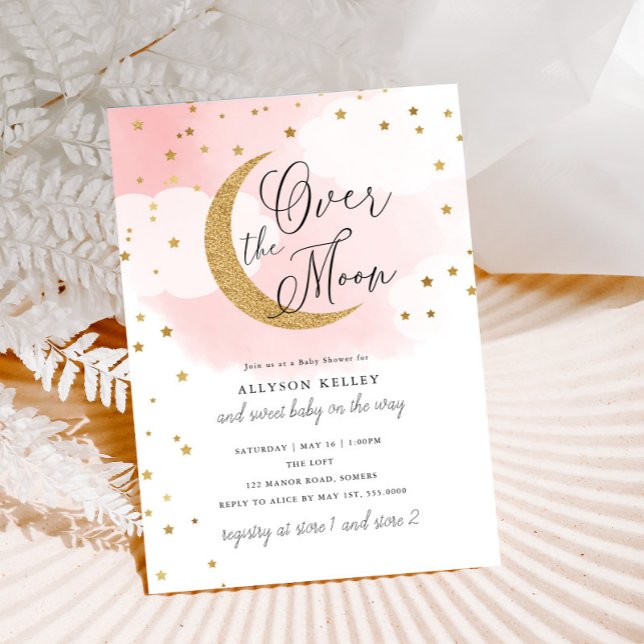 Over the Moon Gold Stars Pink Baby Shower Invitation (Creator Uploaded)