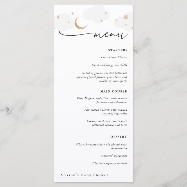 Over the Moon Grey and Gold Baby Shower Menu (Front)