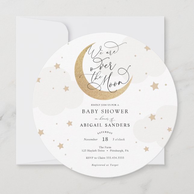 Over the Moon Grey Baby Shower Invitation (Front)