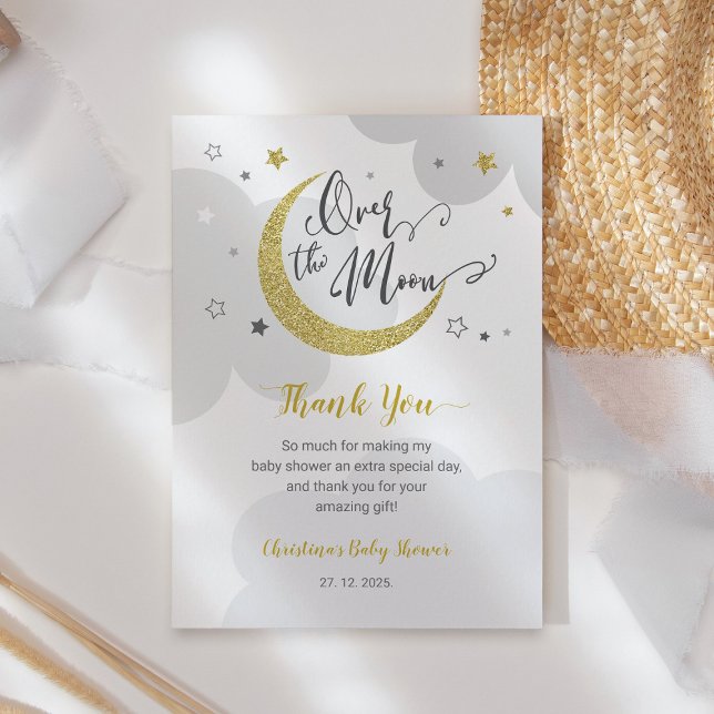 Over the Moon Grey Gold Stars Baby Shower Thank You Card (Creator Uploaded)
