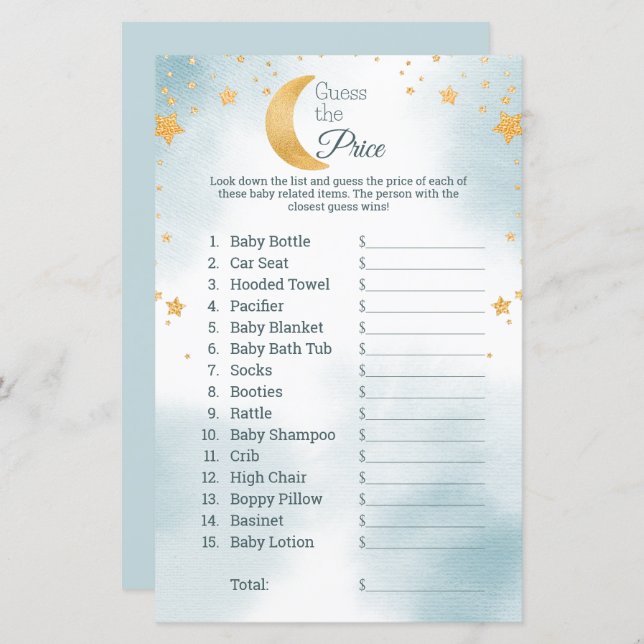 Over the Moon Guess the Price Boy Baby Shower Game (Front/Back)