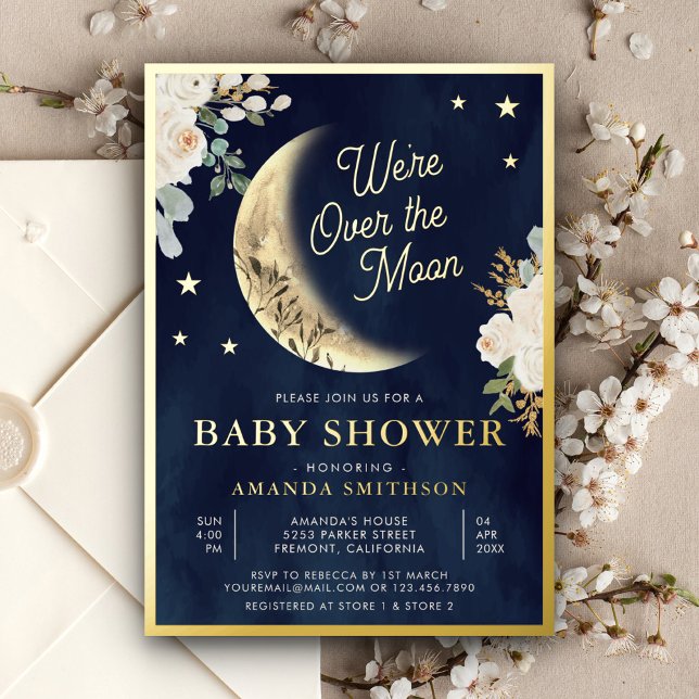 Over the Moon Ivory Floral Navy Baby Shower Gold (Creator Uploaded)