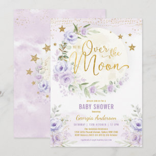 Over the Moon Lavender Gold Girl Baby Shower Invitation