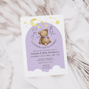Over The Moon Lavender Teddy Bear Baby Shower Invitation