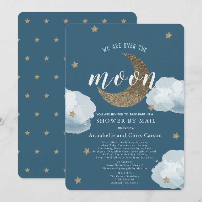 Over the Moon Midnight Blue Baby Shower By Mail Invitation (Front/Back)