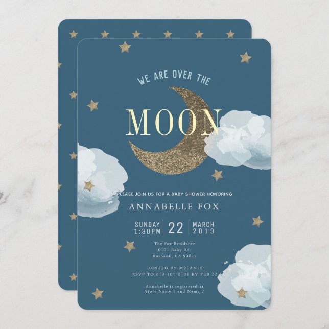 Over the Moon Midnight Blue Baby Shower Invitation (Front/Back)