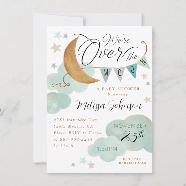 "Over the moon" moon and stars baby shower Invitation (Front)