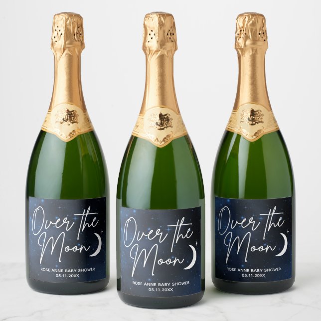 Over The Moon Name Date Themed Baby Shower Sparkling Wine Label (Bottles)