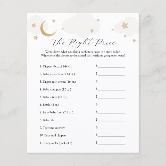 Over the Moon Name the Price Baby Shower Game (Front)
