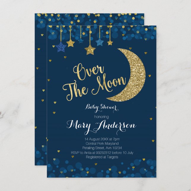 Over The Moon Navy Baby Shower Invitation (Front/Back)