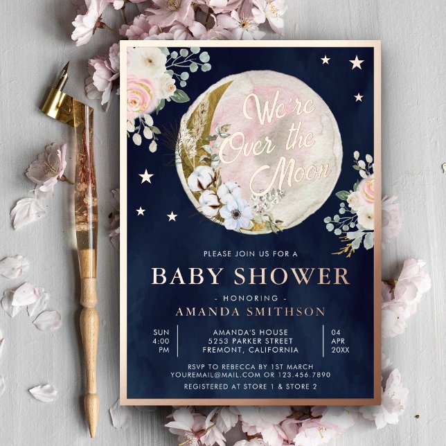 Over The Moon Navy Blue Baby Shower Pink Rose Gold (Creator Uploaded)