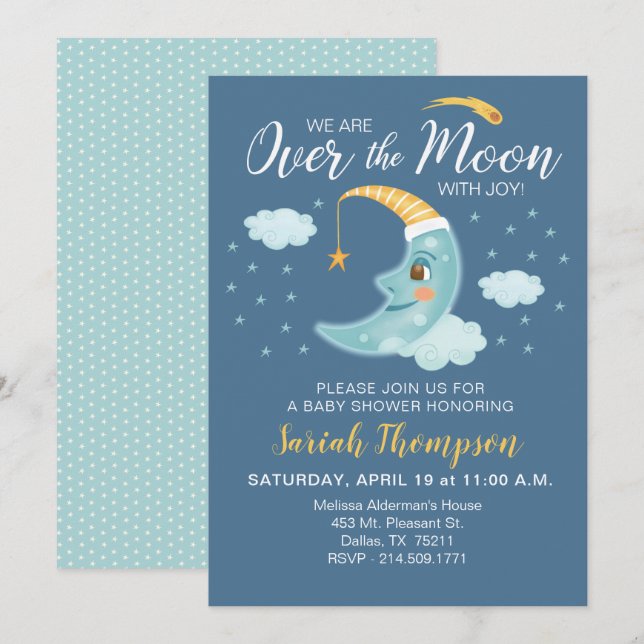 Over the Moon Navy Blue Boy Baby Shower Invitation (Front/Back)