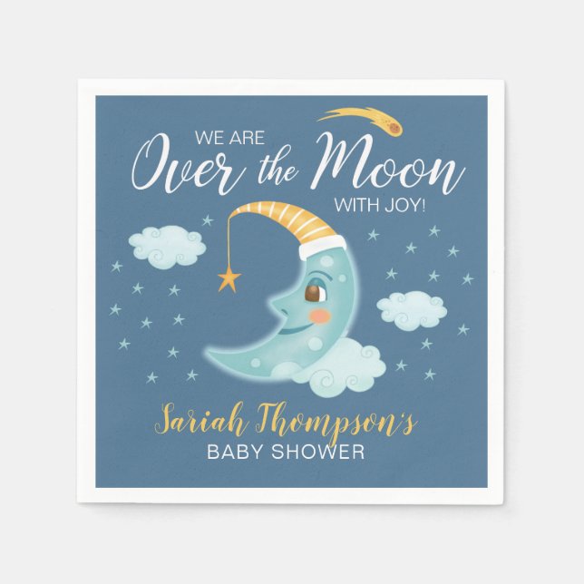 Over the Moon Navy Blue Boy Baby Shower Napkin (Front)