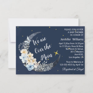 over the moon navy floral baby shower modern invitation