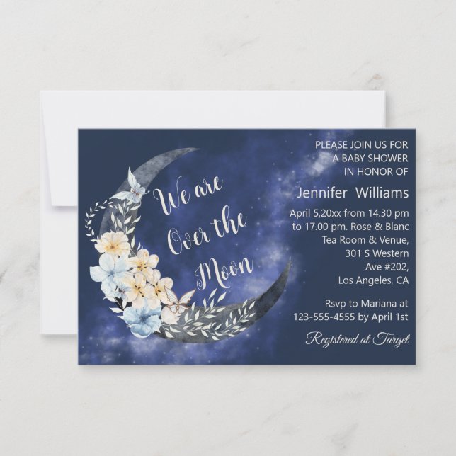 over the moon navy floral baby shower stylish invitation (Front)