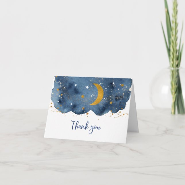 Over the Moon Navy Gold Baby Shower Thank You Card (Front)