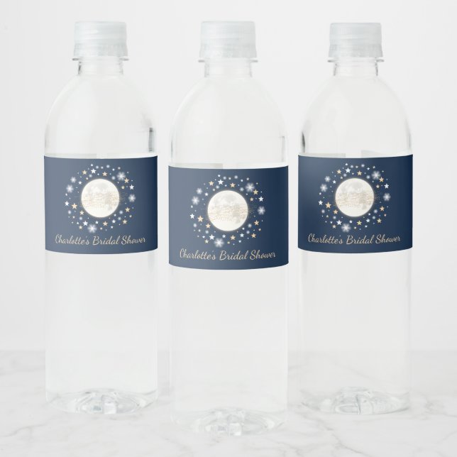 Over the Moon / Navy Gold Celestial Twinkle Star Water Bottle Label (Bottles)