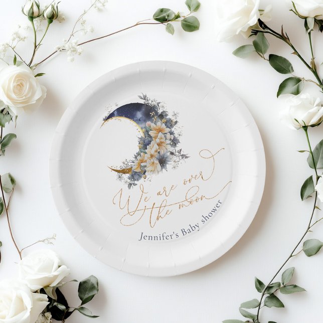 Over the moon navy gold foil floral baby shower  paper plate (Creator Uploaded)