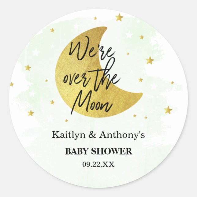Over The Moon | Neutral Baby Shower Classic Round Sticker (Front)