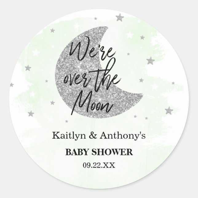 Over The Moon | Neutral Baby Shower Classic Round Sticker (Front)