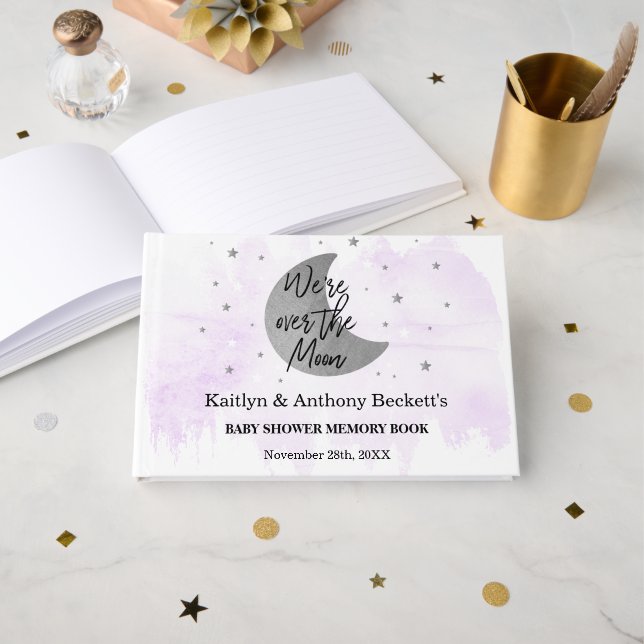 Over The Moon | Neutral Baby Shower Memory Guest Book (Front Open)