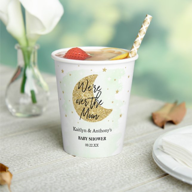 Over The Moon | Neutral Baby Shower Paper Cups (Insitu)
