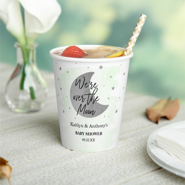 Over The Moon | Neutral Baby Shower Paper Cups (Insitu)