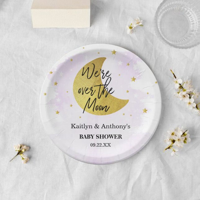 Over The Moon | Neutral Baby Shower Paper Plate (Creator Uploaded)