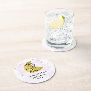 Over The Moon   Neutral Baby Shower Round Paper Coaster
