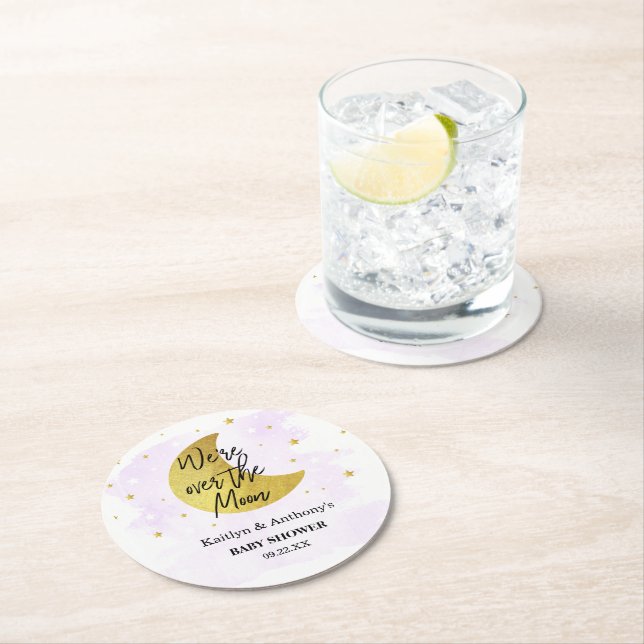 Over The Moon | Neutral Baby Shower Round Paper Coaster (Insitu)