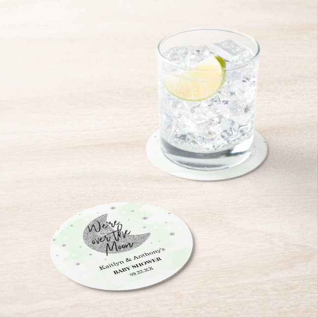 Over The Moon | Neutral Baby Shower Round Paper Coaster (Insitu)