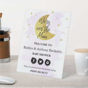 Over The Moon   Neutral Baby Shower Welcome Pedestal Sign