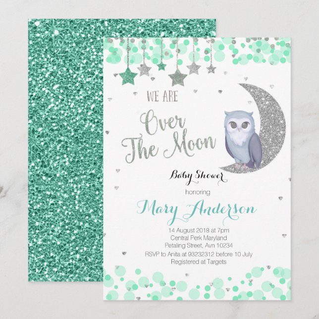 Over the Moon Owl Baby Shower Mint Green Invitation (Front/Back)