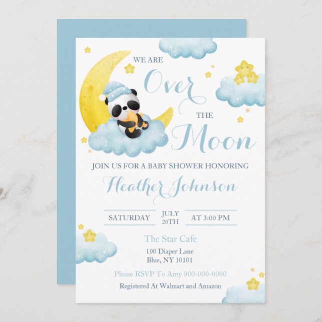 Over The Moon Panda Bear Boy Baby Shower Invitation (Front/Back)