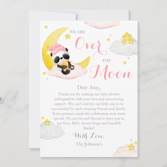 Over The Moon Panda Bear Girl Baby Shower Thank You Card (Front)