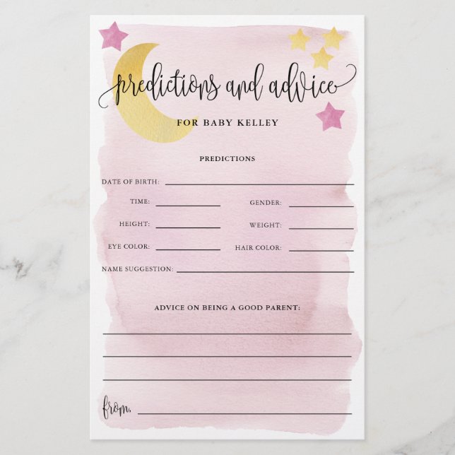Over The Moon Pink Baby Predictions Paper Card (Front)